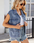 Pocketed Button Up Sleeveless Denim Jacket