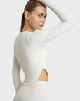 Antique White Side Slit Long Sleeve Round Neck Crop Top Sentient Beauty Fashions Apaparel & Accessories