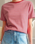 Rosy Brown Striped Round Neck Short Sleeve T-Shirt