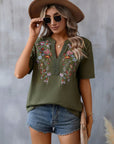 Light Slate Gray Embroidered Notched Short Sleeve T-Shirt