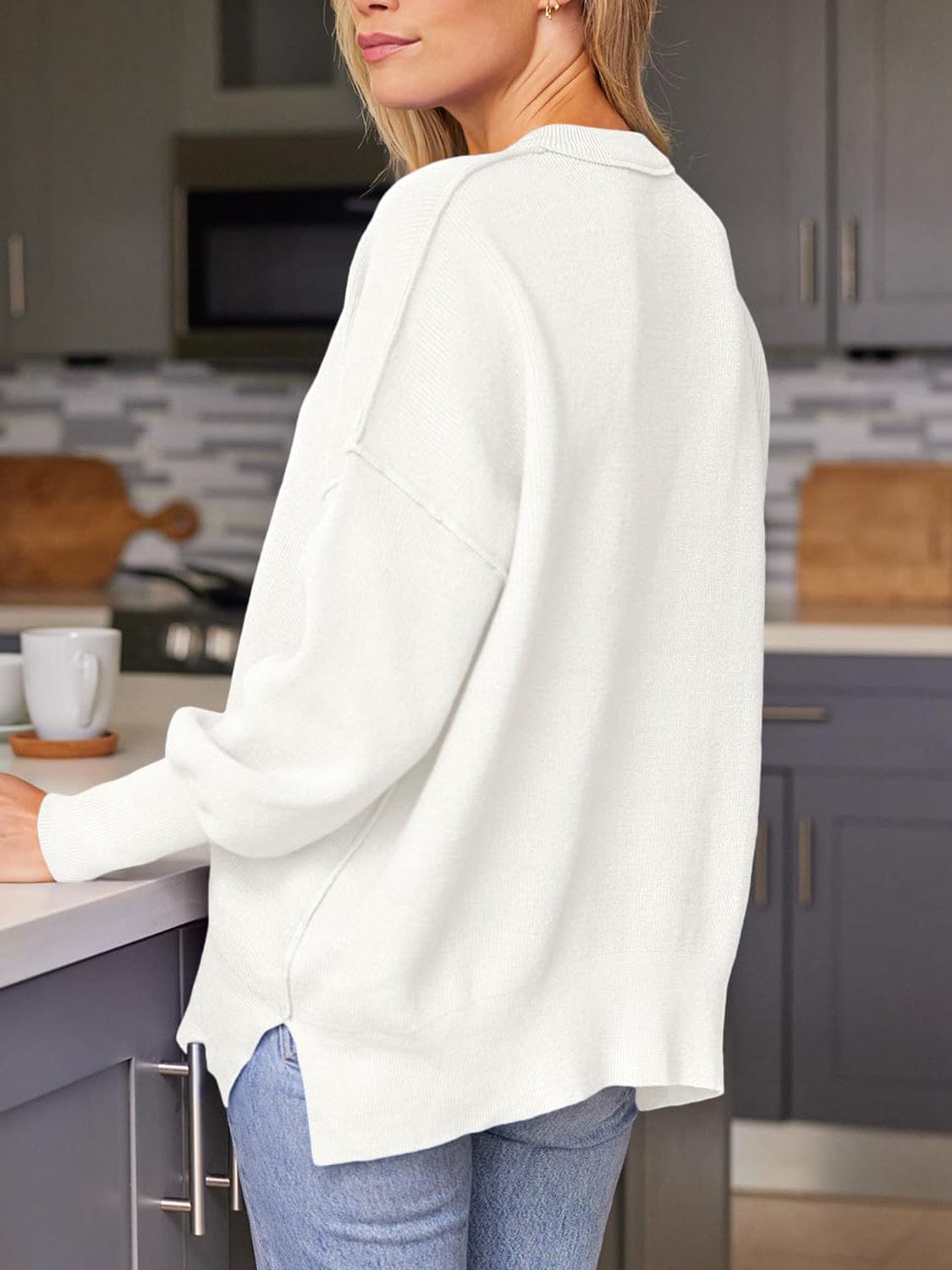 Light Gray Slit Round Neck Dropped Shoulder Sweater