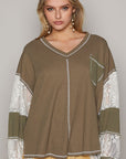 Dim Gray POL V-Neck Lace Balloon Sleeve Exposed Seam Top