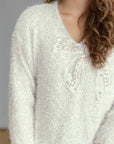 Bow Pearl Detail V-Neck Long Sleeve Sweater