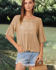 Rosy Brown Openwork Round Neck Half Sleeve Knit Top