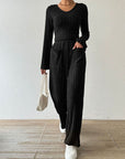 Ribbed V-Neck Long Sleeve Top and Pocketed Pants Set