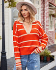 Striped Dropped Shoulder Notched Neck Knit Top