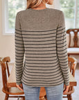 Lovelet Quarter Button Striped Round Neck Long Sleeve T-Shirt