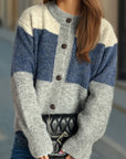 Color Block Round Neck Button Up Cardigan