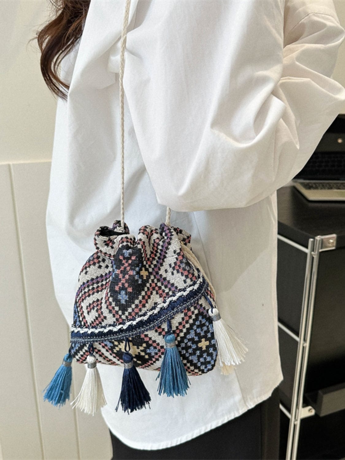 Gray Tassel Spaghetti Strap Shoulder Bag