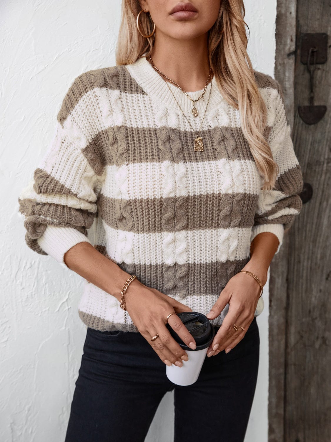 Gray Striped Round Neck Long Sleeve Sweater