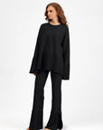 Basic Bae Slit Round Neck Long Sleeve Top and Drawstring Pants Sweater Set