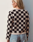 Double Take Full Size Checkered Tie Front Long Sleeve Cardigan