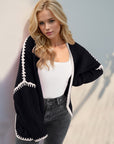 Double Take Contrast Open Front Dropped Shoulder Cardigan