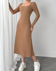 Square Neck Long Sleeve Midi Wrap Dress