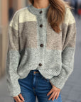 Color Block Round Neck Button Up Cardigan