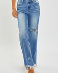 Light Gray Risen Full Size High Rise Frayed Hem Wide Leg Jeans