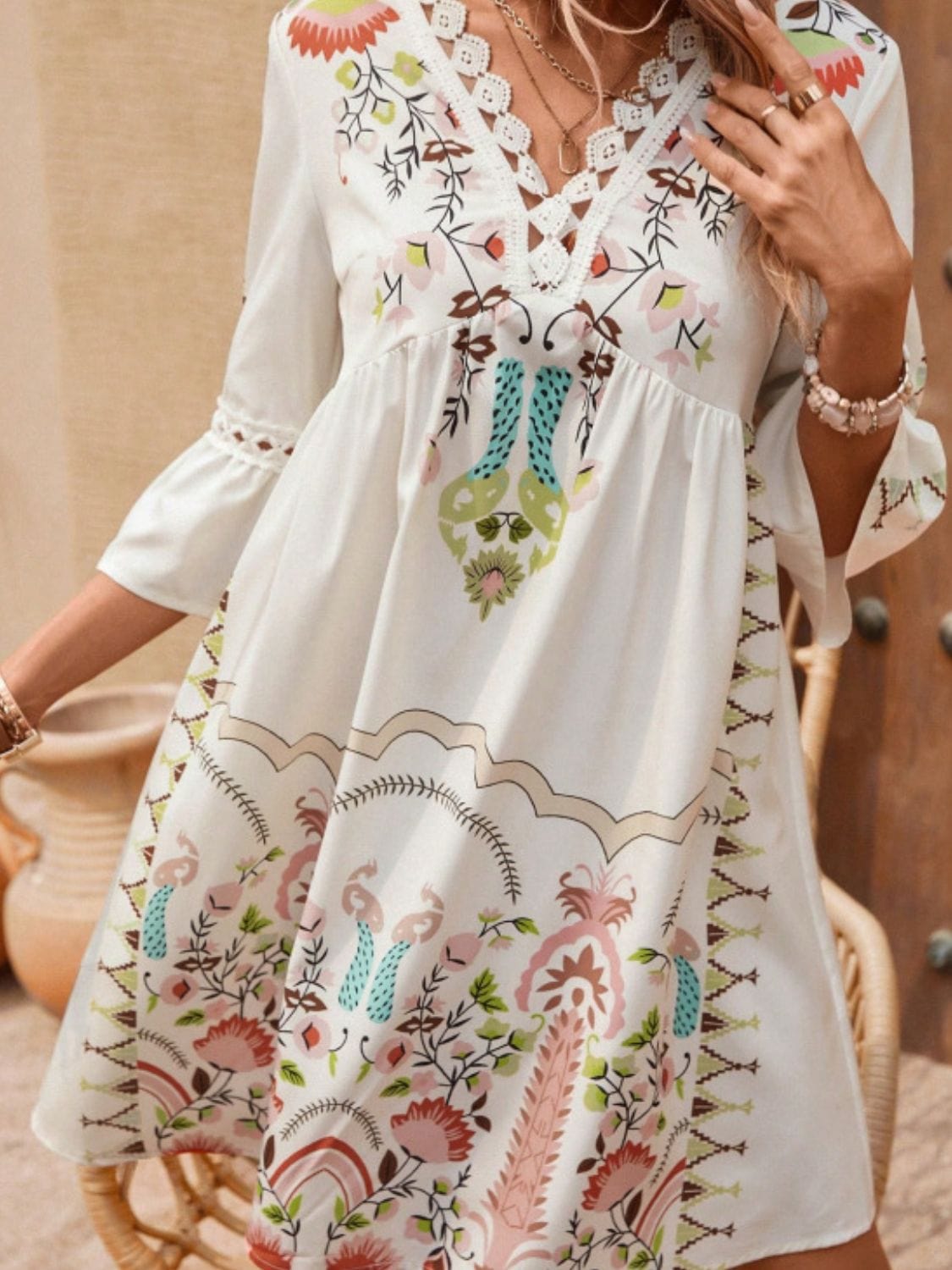 Tan Lace Detail Printed Three-Quarter Sleeve Dress