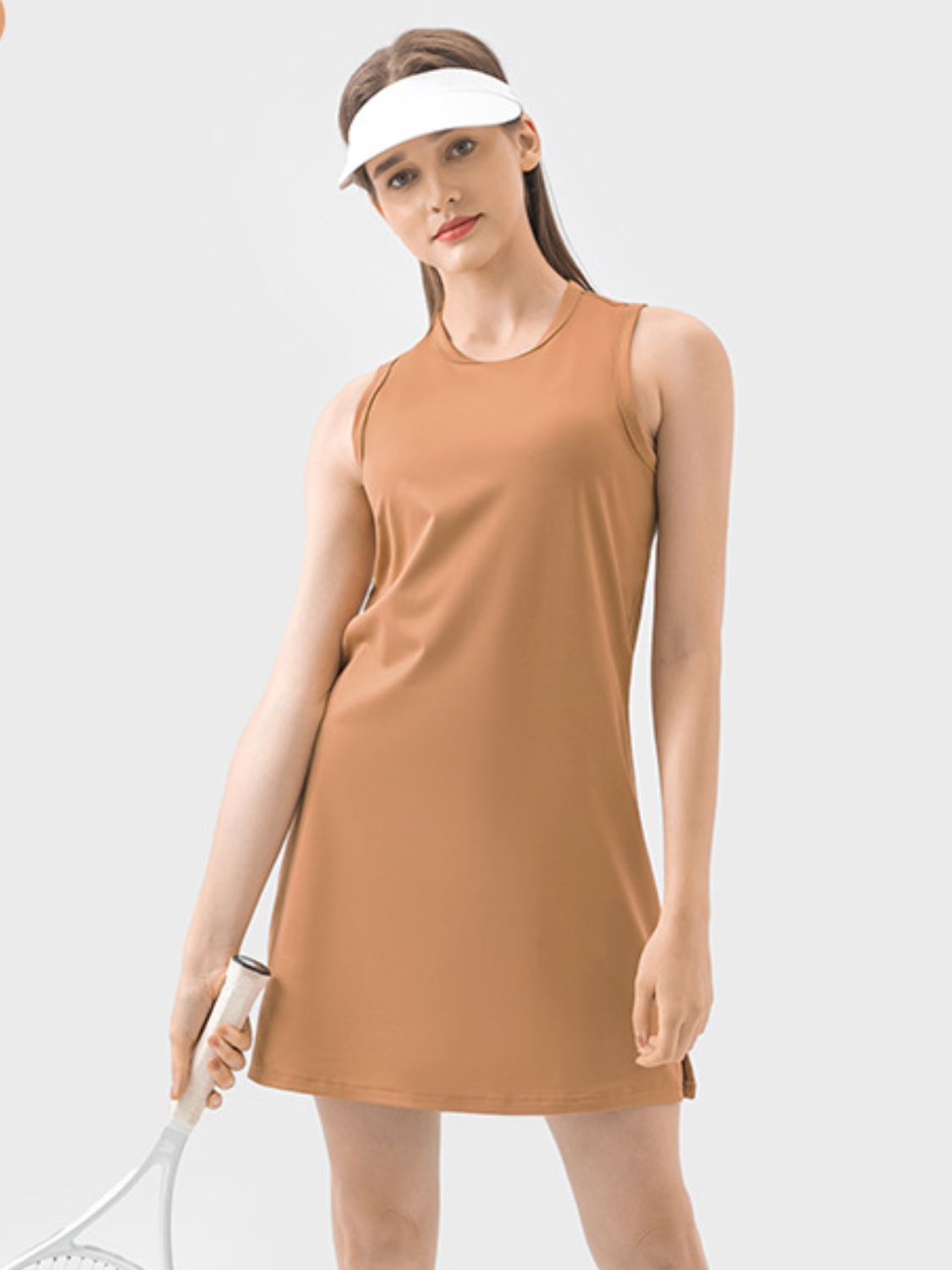 Rosy Brown Round Neck Sleeveless Active Dress Sentient Beauty Fashions