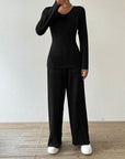 Ribbed V-Neck Long Sleeve Top and Pocketed Pants Set