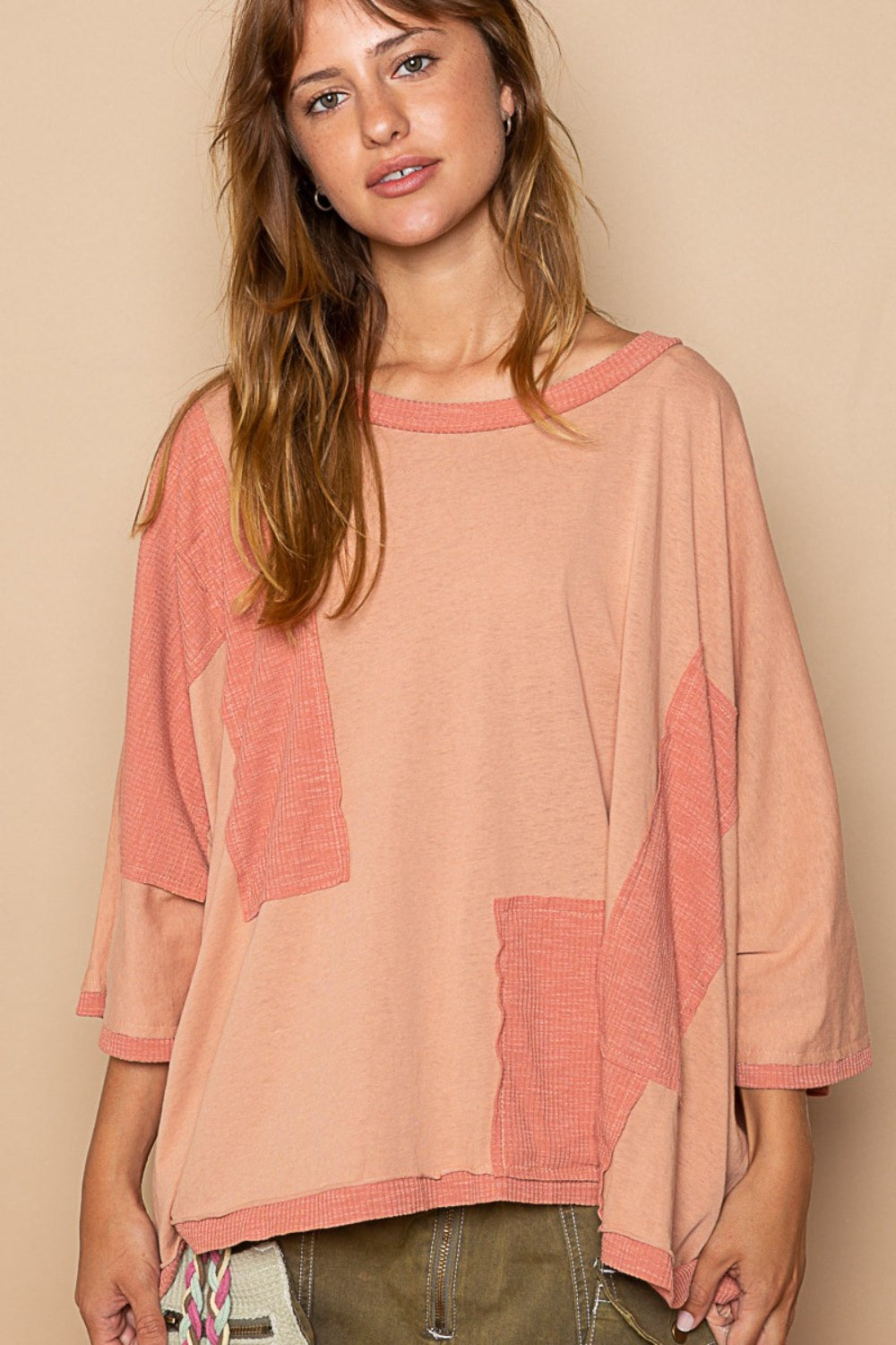 Tan POL Frayed Edge Patchwork Oversized T-Shirt Sentient Beauty Fashions Apparel & Accessories