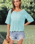 Dark Sea Green Openwork Round Neck Half Sleeve Knit Top