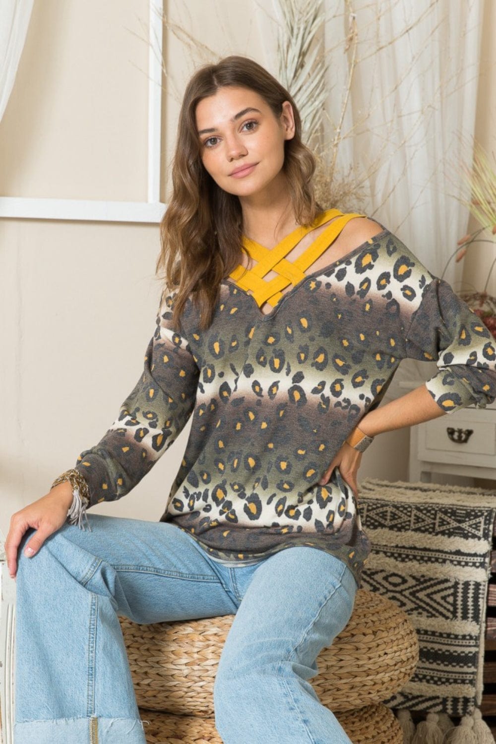 Gray Celeste Full Size Leopard Long Sleeve T-Shirt with Braided Strap