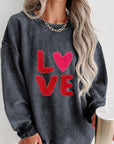 Dark Slate Gray LOVE Round Neck Dropped Shoulder Sweatshirt Sentient Beauty Fashions Apparel & Accessories
