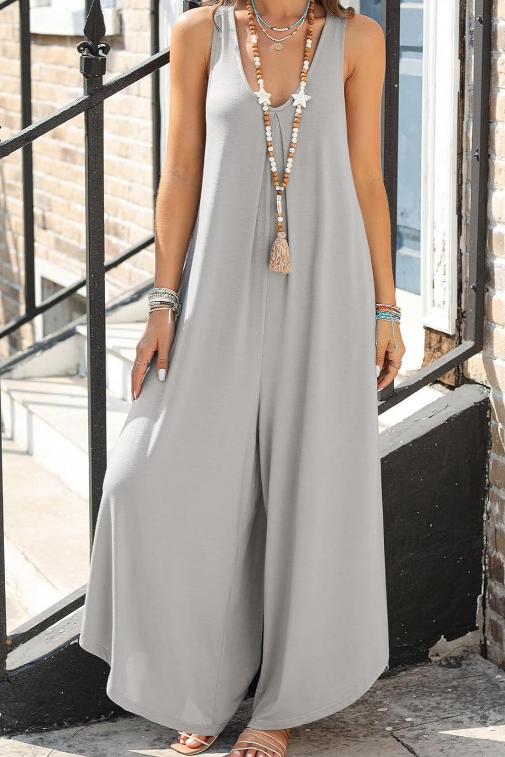 Gray Pocketed Scoop Neck Wide Leg Jumpsuit