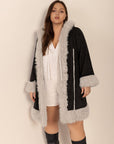 Plus Size Fuzzy Trim Open Front Long Sleeve Hooded Coat