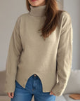 Front Slit Decorative Button Turtleneck Sweater