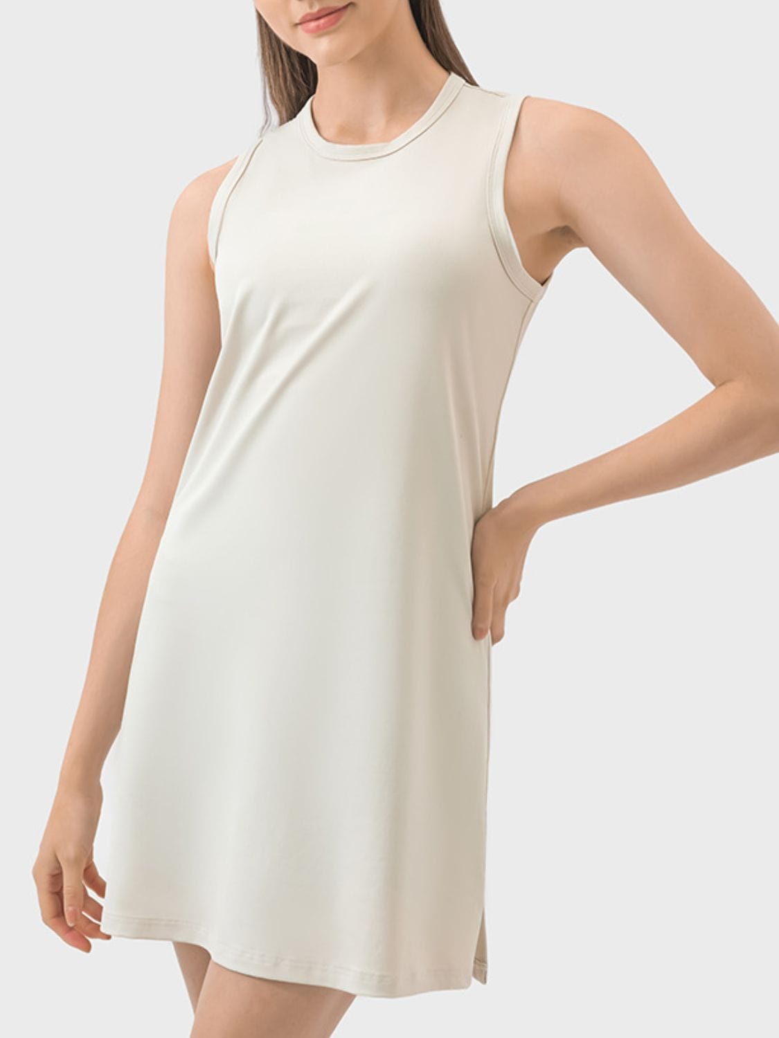 Light Gray Round Neck Sleeveless Active Dress Sentient Beauty Fashions