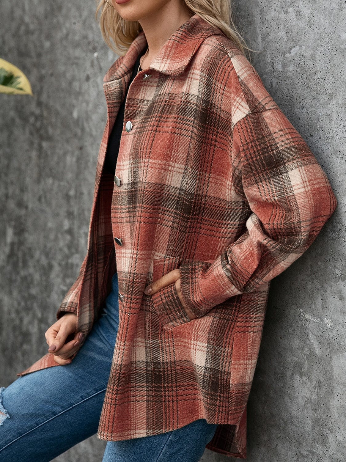 Dim Gray Plaid Button Up Long Sleeve Jacket