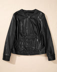 PU Leather Round Neck Long Sleeve Jacket