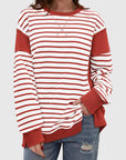 Slit Exposed Seam Striped Long Sleeve Sweatshirt