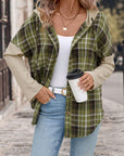 Perfee Drawstring Plaid Long Sleeve Hooded Shirt