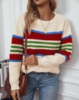 Contrast Stripes Round Neck Long Sleeve Sweater