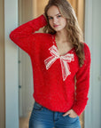 Bow Pearl Detail V-Neck Long Sleeve Sweater