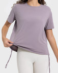 Gray Drawstring Round Neck Short Sleeve Active T-Shirt