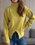 Front Slit Decorative Button Turtleneck Sweater