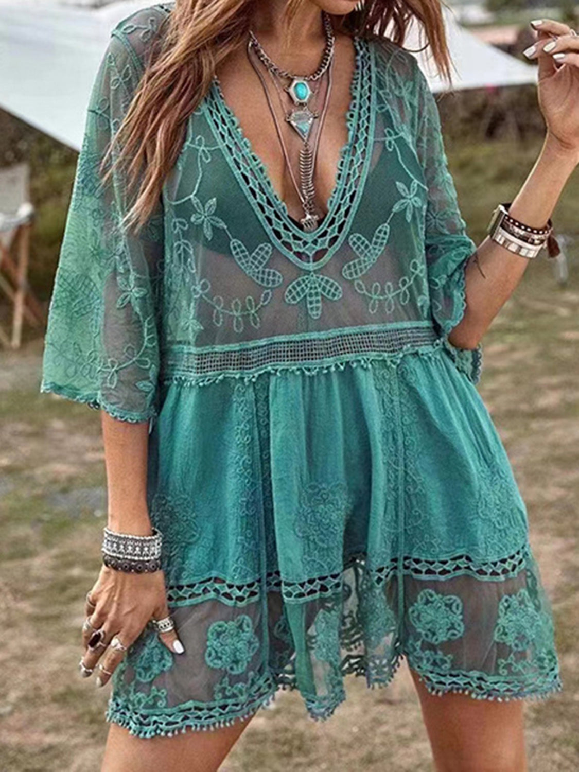 Dim Gray Lace Detail Plunge Cover-Up Dress Sentient Beauty Fashions Apparel &amp; Accessories