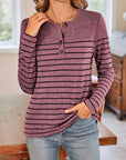 Lovelet Quarter Button Striped Round Neck Long Sleeve T-Shirt