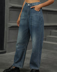 Half Elastic Waist Straight Leg Jeans