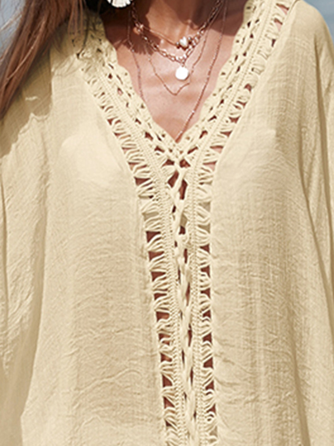 Tan Cutout V-Neck Three-Quarter Sleeve Cover Up Sentient Beauty Fashions Apparel &amp; Accessories