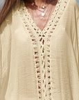 Tan Cutout V-Neck Three-Quarter Sleeve Cover Up Sentient Beauty Fashions Apparel & Accessories