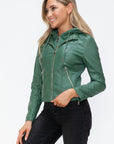 Snobbish Faux Leather Zip Up Drawstring Hooded Jacket