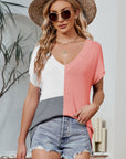 Color Block V-Neck Short Sleeve Knit Top