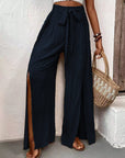 Gray Tied Slit Wide Leg Pants