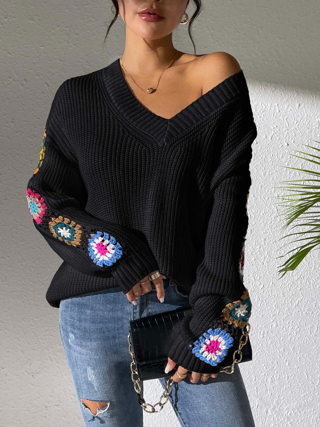 Light Slate Gray Crochet Flower V-Neck Sweater