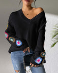 Light Slate Gray Crochet Flower V-Neck Sweater