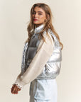 J.NNA Snap and Zipper Shiny Metallic Puffer Vest